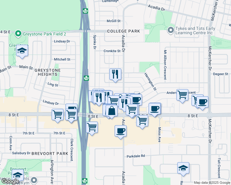 map of restaurants, bars, coffee shops, grocery stores, and more near 17 Ramsay Court in Saskatoon