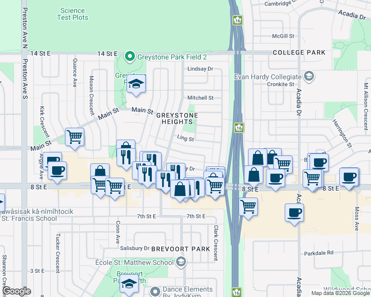 map of restaurants, bars, coffee shops, grocery stores, and more near 9 Fraser Crescent in Saskatoon