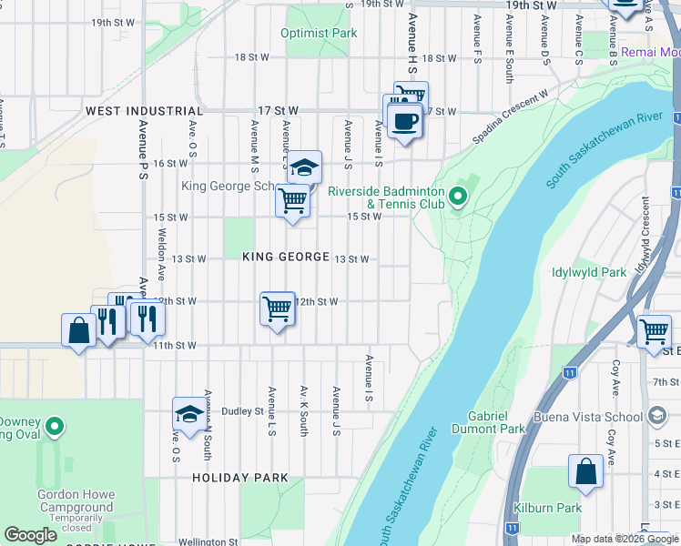map of restaurants, bars, coffee shops, grocery stores, and more near 909 Avenue J South in Saskatoon