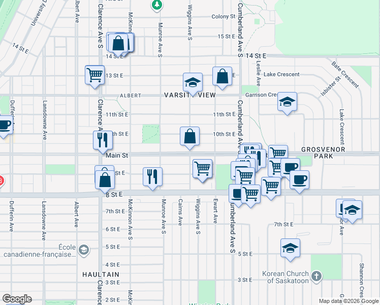 map of restaurants, bars, coffee shops, grocery stores, and more near Main Street in Saskatoon