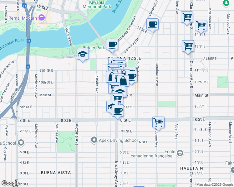 map of restaurants, bars, coffee shops, grocery stores, and more near 835 Broadway Avenue in Saskatoon