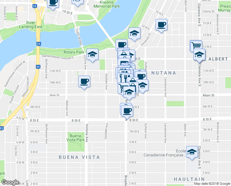 map of restaurants, bars, coffee shops, grocery stores, and more near in Saskatoon