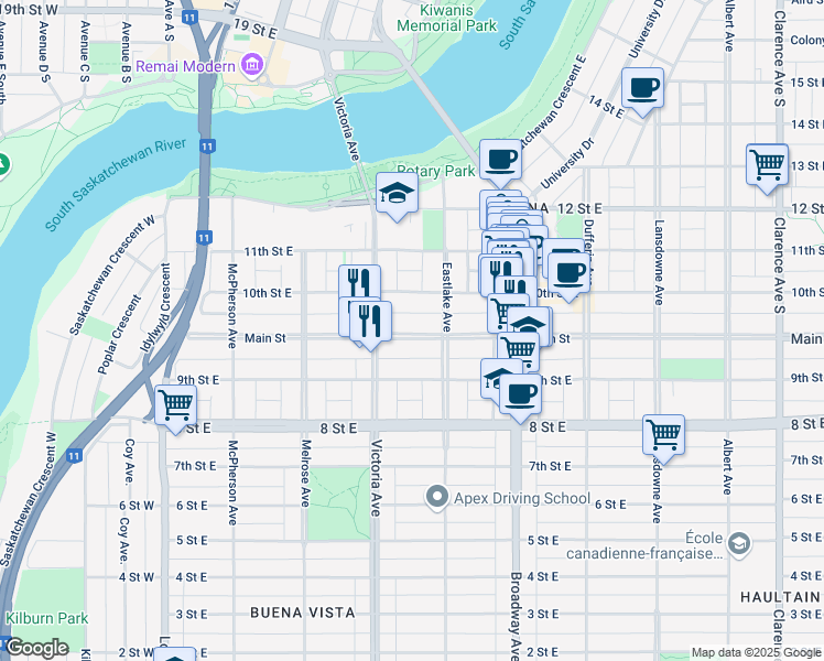 map of restaurants, bars, coffee shops, grocery stores, and more near in Saskatoon