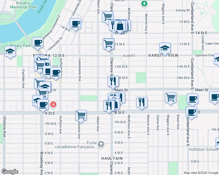 map of restaurants, bars, coffee shops, grocery stores, and more near 918 10th Street East in Saskatoon