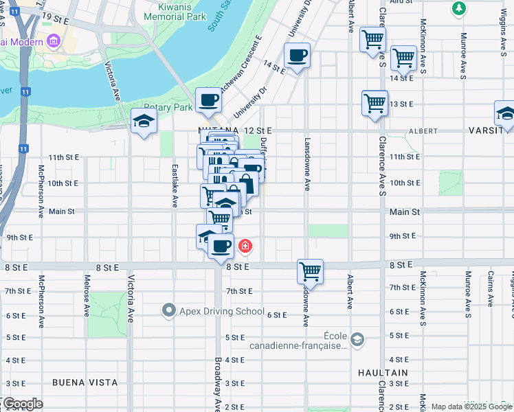 map of restaurants, bars, coffee shops, grocery stores, and more near 639 Main Street in Saskatoon