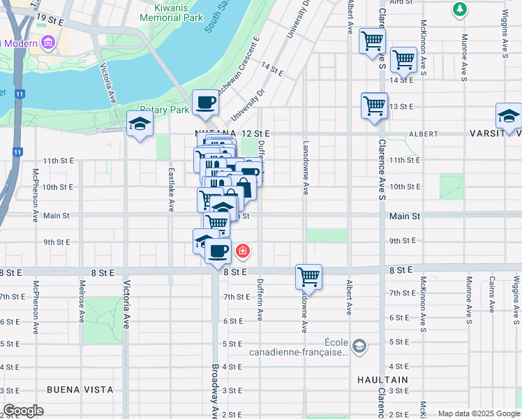 map of restaurants, bars, coffee shops, grocery stores, and more near 830 Dufferin Avenue in Saskatoon