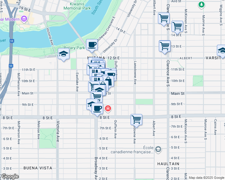 map of restaurants, bars, coffee shops, grocery stores, and more near 830 Dufferin Avenue in Saskatoon