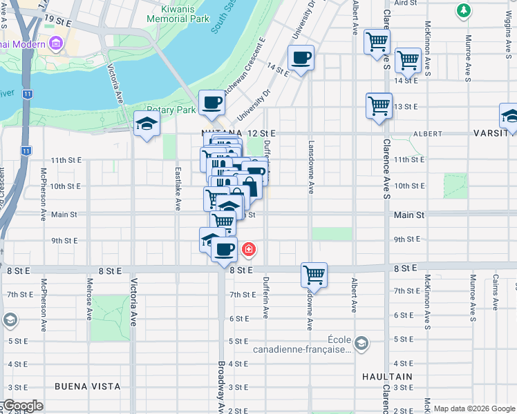 map of restaurants, bars, coffee shops, grocery stores, and more near 830 Dufferin Avenue in Saskatoon