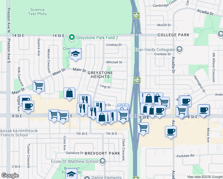 map of restaurants, bars, coffee shops, grocery stores, and more near 12 Ling Street in Saskatoon