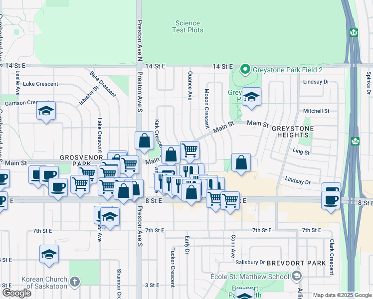map of restaurants, bars, coffee shops, grocery stores, and more near 20 Morton Place in Saskatoon