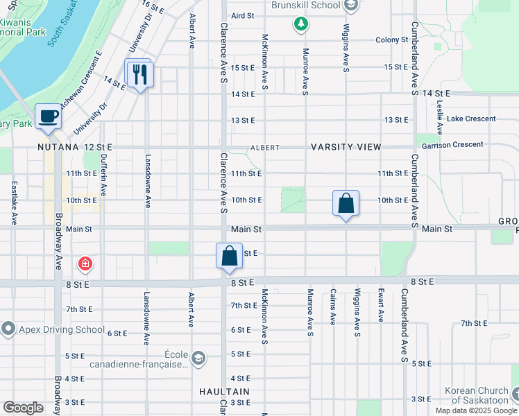 map of restaurants, bars, coffee shops, grocery stores, and more near 1040 10th Street East in Saskatoon