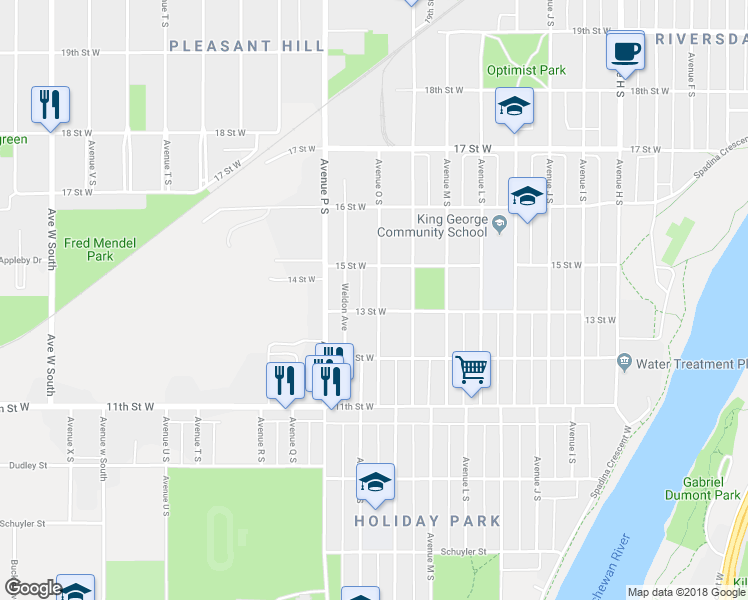 map of restaurants, bars, coffee shops, grocery stores, and more near 825 Avenue O South in Saskatoon
