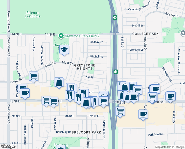 map of restaurants, bars, coffee shops, grocery stores, and more near 11 Ling Street in Saskatoon