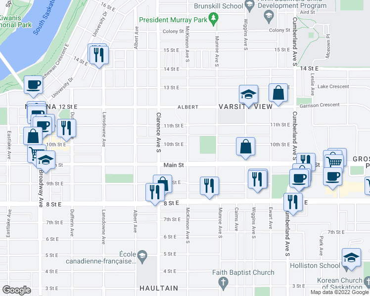 map of restaurants, bars, coffee shops, grocery stores, and more near 1040 10th Street East in Saskatoon