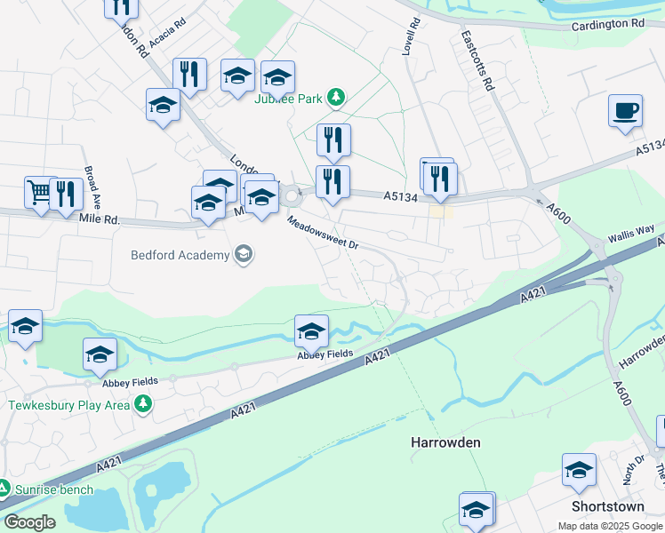 map of restaurants, bars, coffee shops, grocery stores, and more near Foxglove Way in Bedford