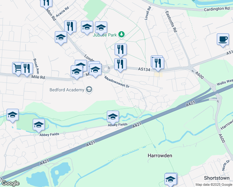 map of restaurants, bars, coffee shops, grocery stores, and more near Foxglove Way in Bedford