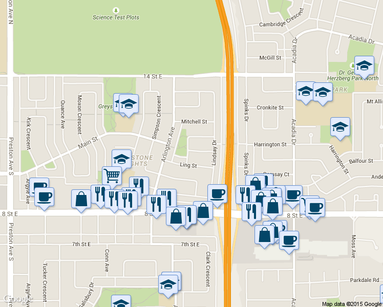 map of restaurants, bars, coffee shops, grocery stores, and more near 11 Ling Street in Saskatoon