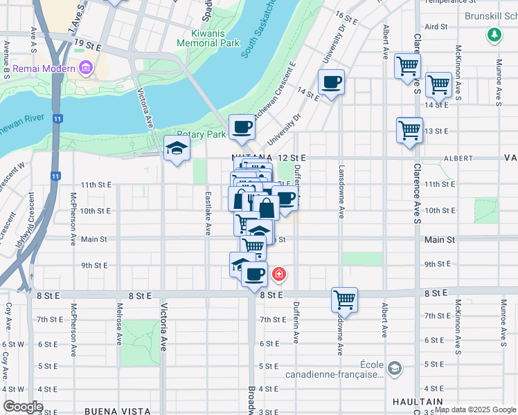 map of restaurants, bars, coffee shops, grocery stores, and more near 737 Broadway Avenue in Saskatoon