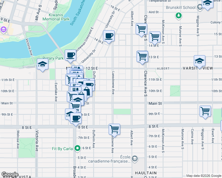 map of restaurants, bars, coffee shops, grocery stores, and more near in Saskatoon