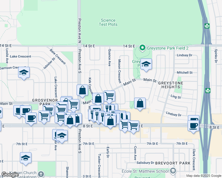map of restaurants, bars, coffee shops, grocery stores, and more near 20 Morton Place in Saskatoon