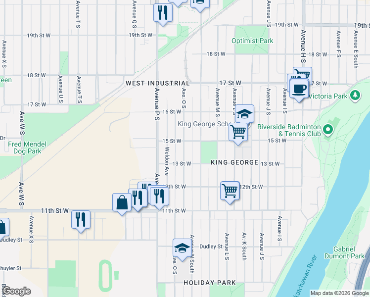 map of restaurants, bars, coffee shops, grocery stores, and more near 825 Avenue O South in Saskatoon