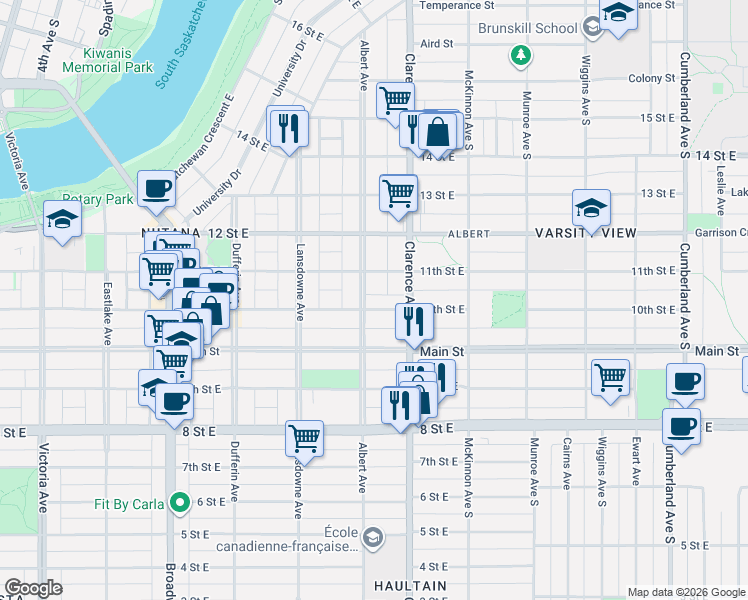 map of restaurants, bars, coffee shops, grocery stores, and more near 834 10th Street East in Saskatoon