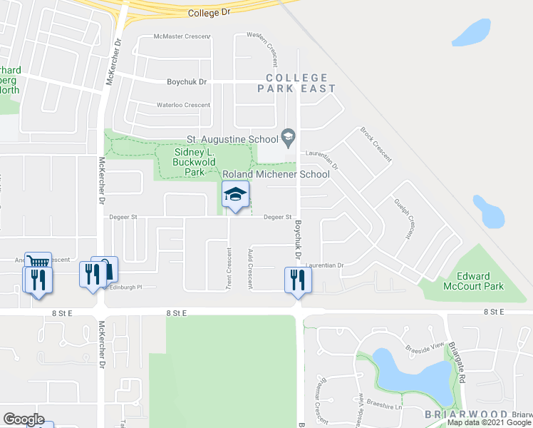 map of restaurants, bars, coffee shops, grocery stores, and more near 45 Malcolm Place in Saskatoon