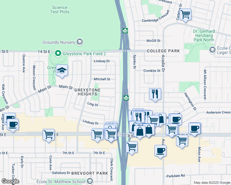 map of restaurants, bars, coffee shops, grocery stores, and more near Lindsay Drive in Saskatoon