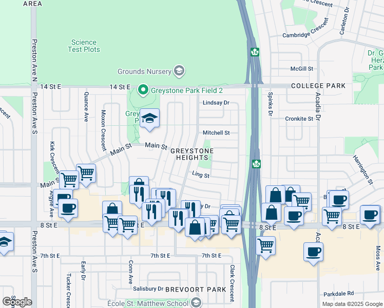 map of restaurants, bars, coffee shops, grocery stores, and more near 890 Arlington Avenue in Saskatoon