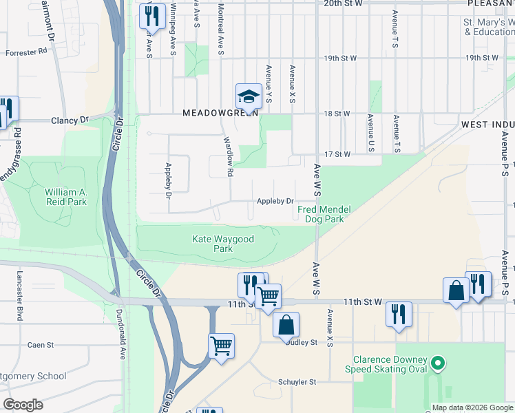 map of restaurants, bars, coffee shops, grocery stores, and more near 710 Appleby Drive in Saskatoon