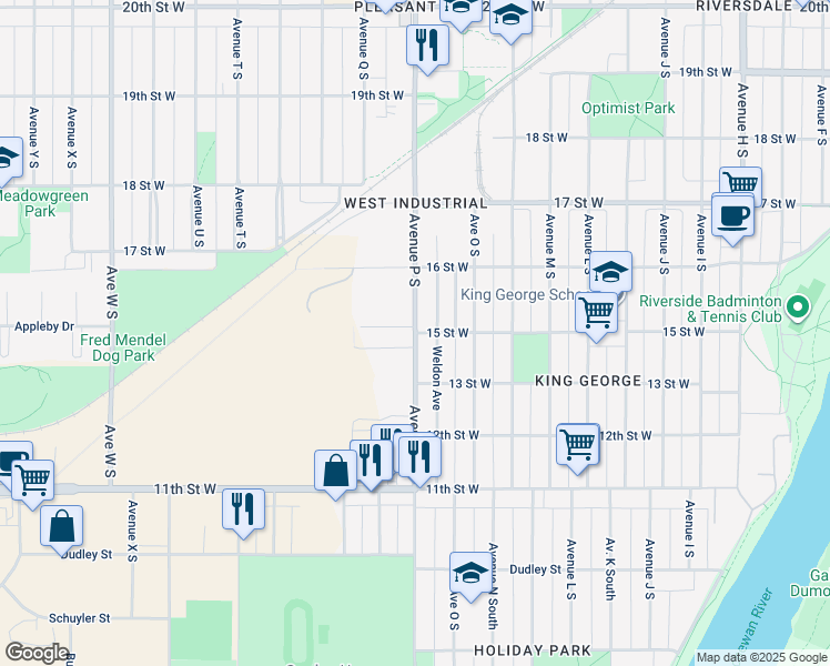 map of restaurants, bars, coffee shops, grocery stores, and more near Avenue P South in Saskatoon