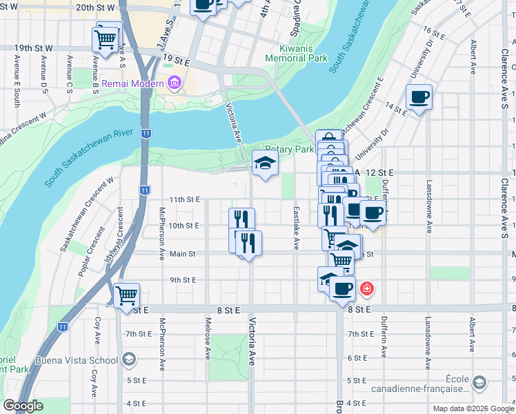 map of restaurants, bars, coffee shops, grocery stores, and more near 701 Victoria Avenue in Saskatoon