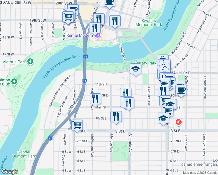 map of restaurants, bars, coffee shops, grocery stores, and more near in Saskatoon