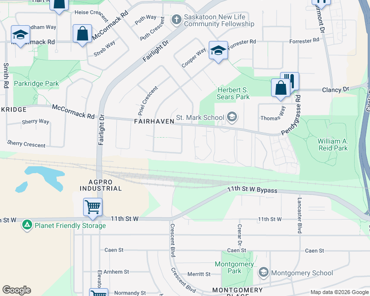 map of restaurants, bars, coffee shops, grocery stores, and more near 130 Barber Crescent in Saskatoon