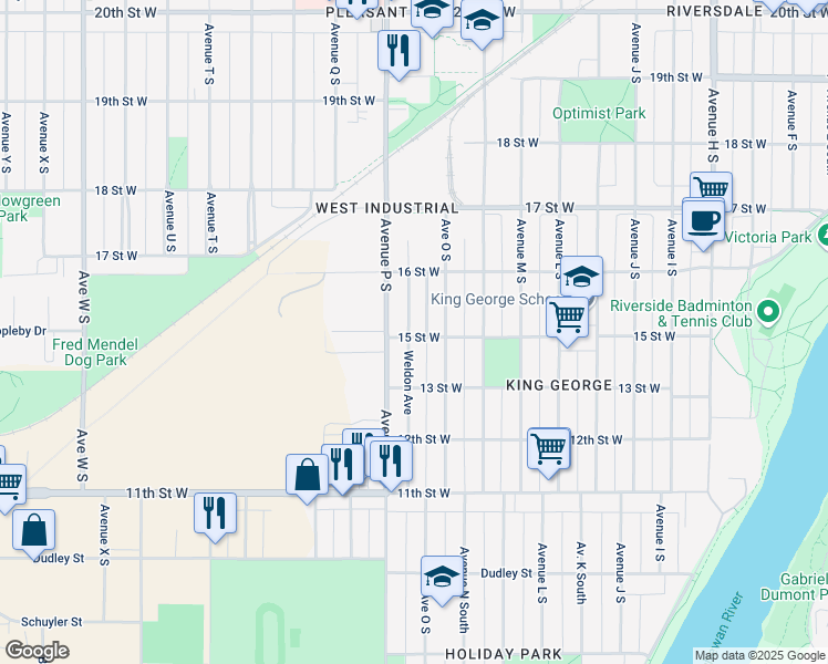 map of restaurants, bars, coffee shops, grocery stores, and more near 740 Weldon Avenue in Saskatoon