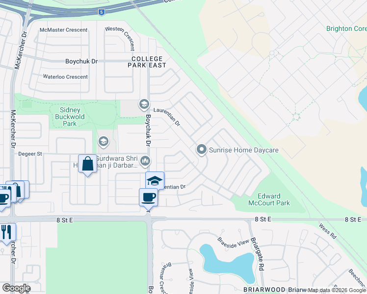 map of restaurants, bars, coffee shops, grocery stores, and more near 74 Laurentian Drive in Saskatoon