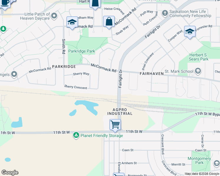 map of restaurants, bars, coffee shops, grocery stores, and more near 3850 Fairlight Drive in Saskatoon