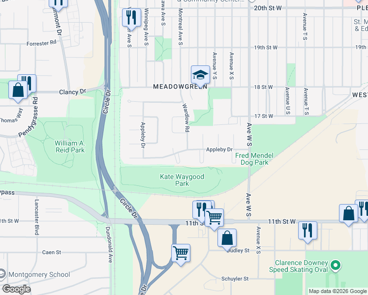 map of restaurants, bars, coffee shops, grocery stores, and more near 631 Wardlow Road in Saskatoon