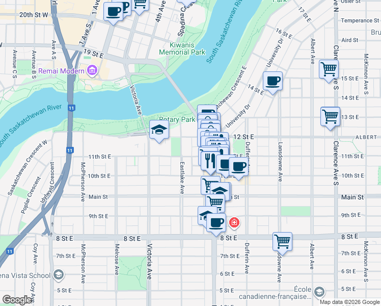 map of restaurants, bars, coffee shops, grocery stores, and more near 507 11th Street East in Saskatoon
