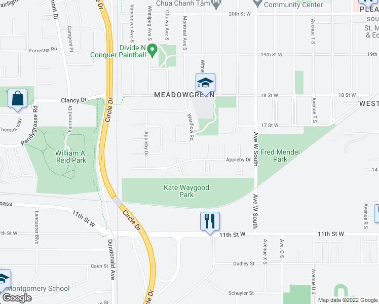 map of restaurants, bars, coffee shops, grocery stores, and more near 631 Wardlow Road in Saskatoon