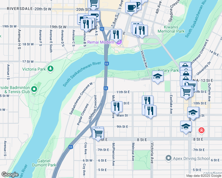 map of restaurants, bars, coffee shops, grocery stores, and more near 622 McPherson Avenue in Saskatoon