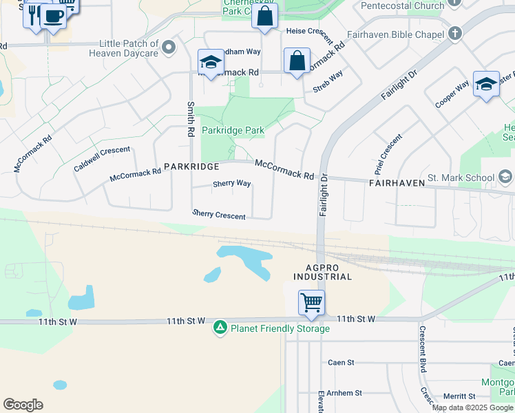 map of restaurants, bars, coffee shops, grocery stores, and more near 727 Sherry Way in Saskatoon