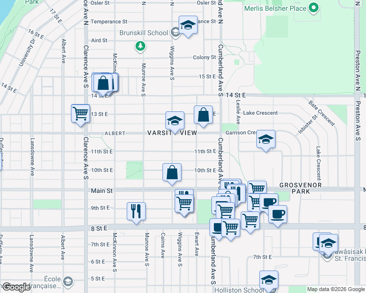 map of restaurants, bars, coffee shops, grocery stores, and more near 1313 11th Street East in Saskatoon