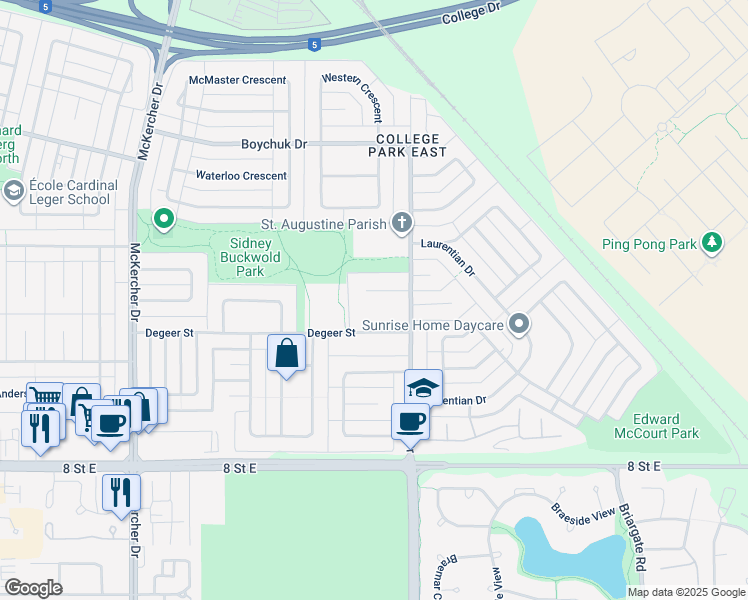 map of restaurants, bars, coffee shops, grocery stores, and more near 45 Malcolm Place in Saskatoon