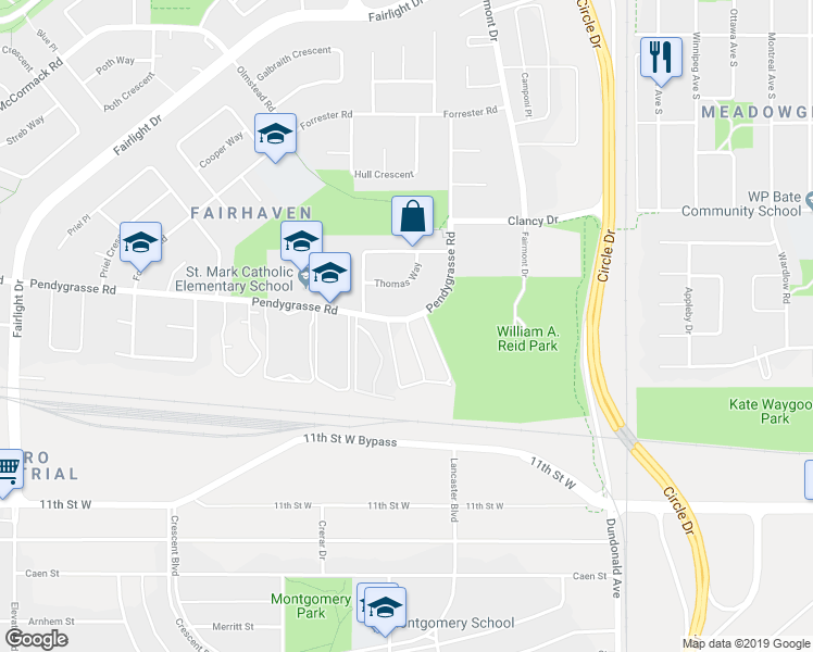 map of restaurants, bars, coffee shops, grocery stores, and more near 331 Pendygrasse Road in Saskatoon
