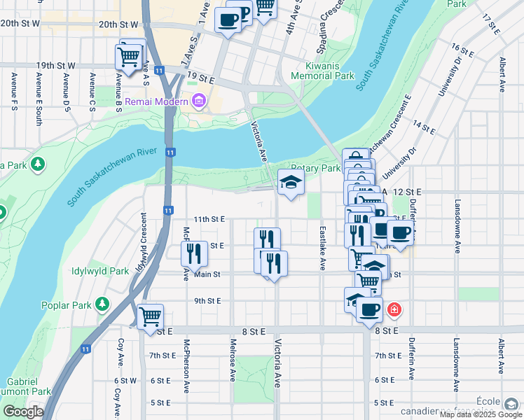 map of restaurants, bars, coffee shops, grocery stores, and more near 327 11th Street East in Saskatoon