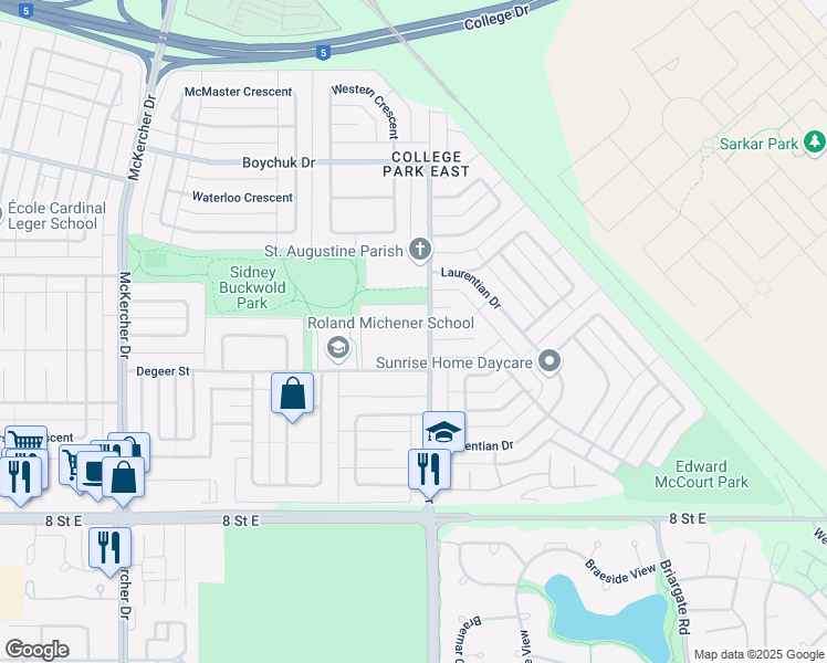 map of restaurants, bars, coffee shops, grocery stores, and more near 61 Malcolm Place in Saskatoon
