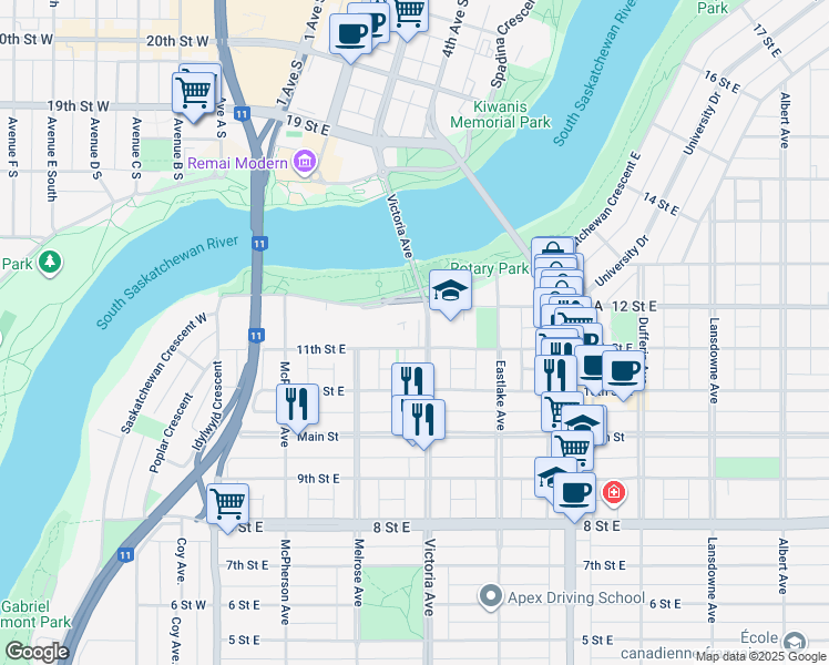 map of restaurants, bars, coffee shops, grocery stores, and more near 606 Victoria Avenue in Saskatoon