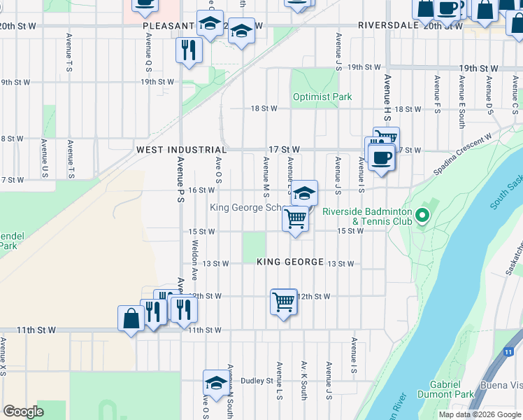 map of restaurants, bars, coffee shops, grocery stores, and more near 719 Avenue M South in Saskatoon