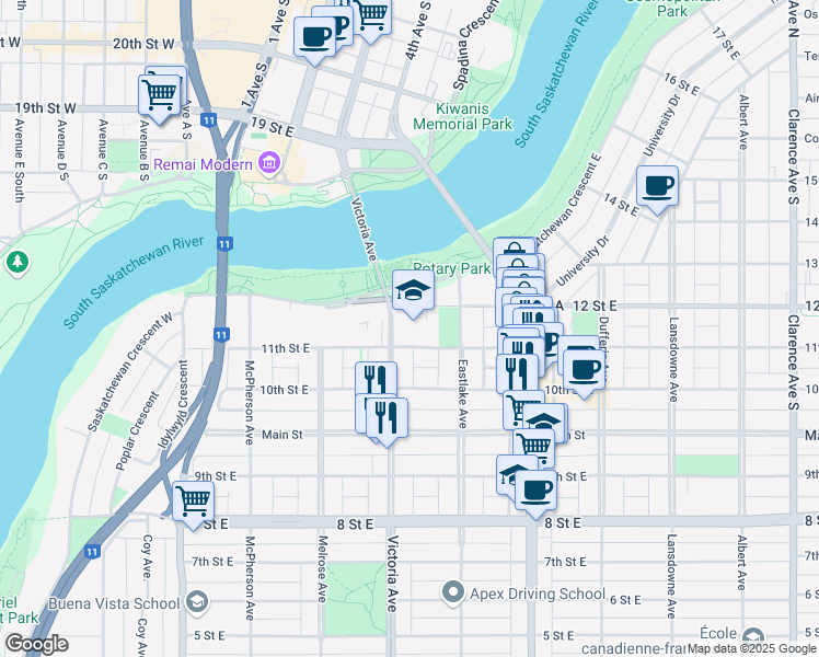 map of restaurants, bars, coffee shops, grocery stores, and more near 411 11th Street East in Saskatoon